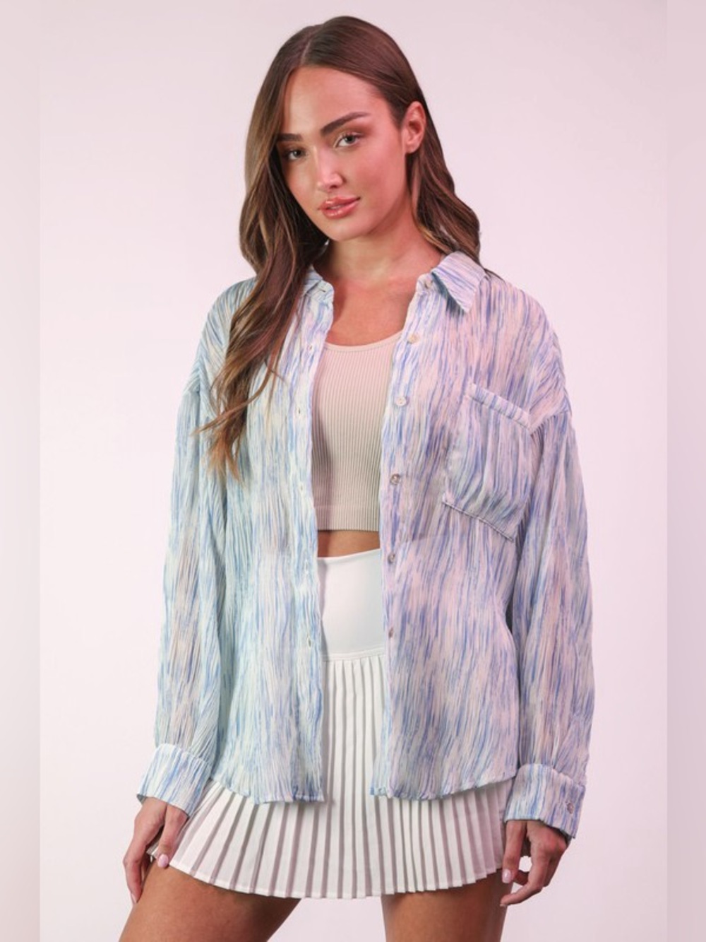 VERY J Plus Size Oversized Printed Button Up Shirt